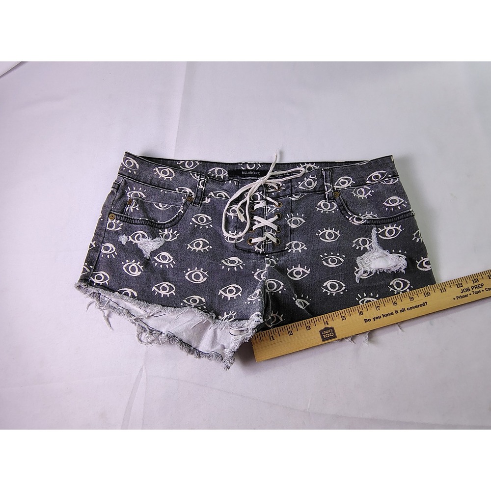 Billabong Womens 30 Eye Print Lace Up Denim Shorts Washed Black Grey Distressed - Picture 7 of 9
